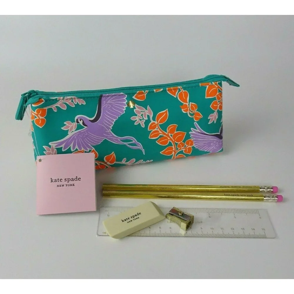 Kate Spade BIRD Party Pencil Case Pouch Ruler Eraser Sharpener Pencils 6-PC Set - Picture 1 of 11